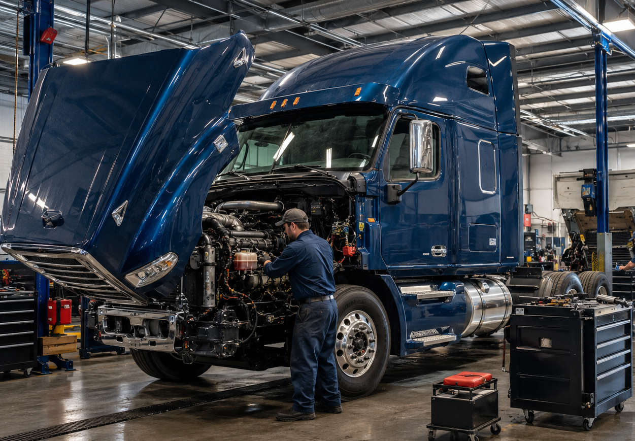 ASE-certified technician working on a blue semi truck inside a repair bay